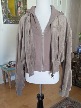 Blank NYC Taupe Hooded Suede-Look Bomber Jacket